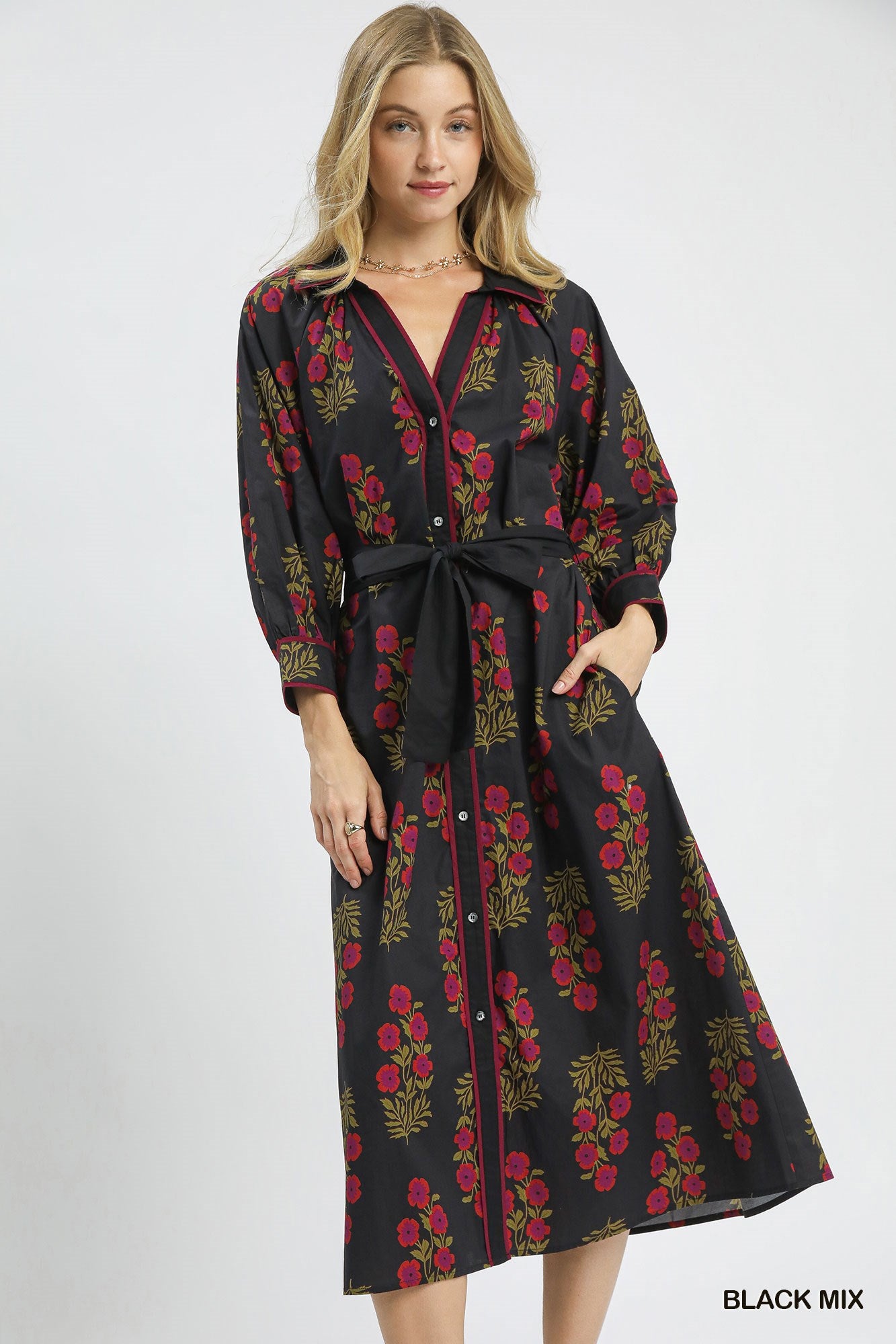 Black Floral Button-Front Maxi Shirt Dress with Waist Tie