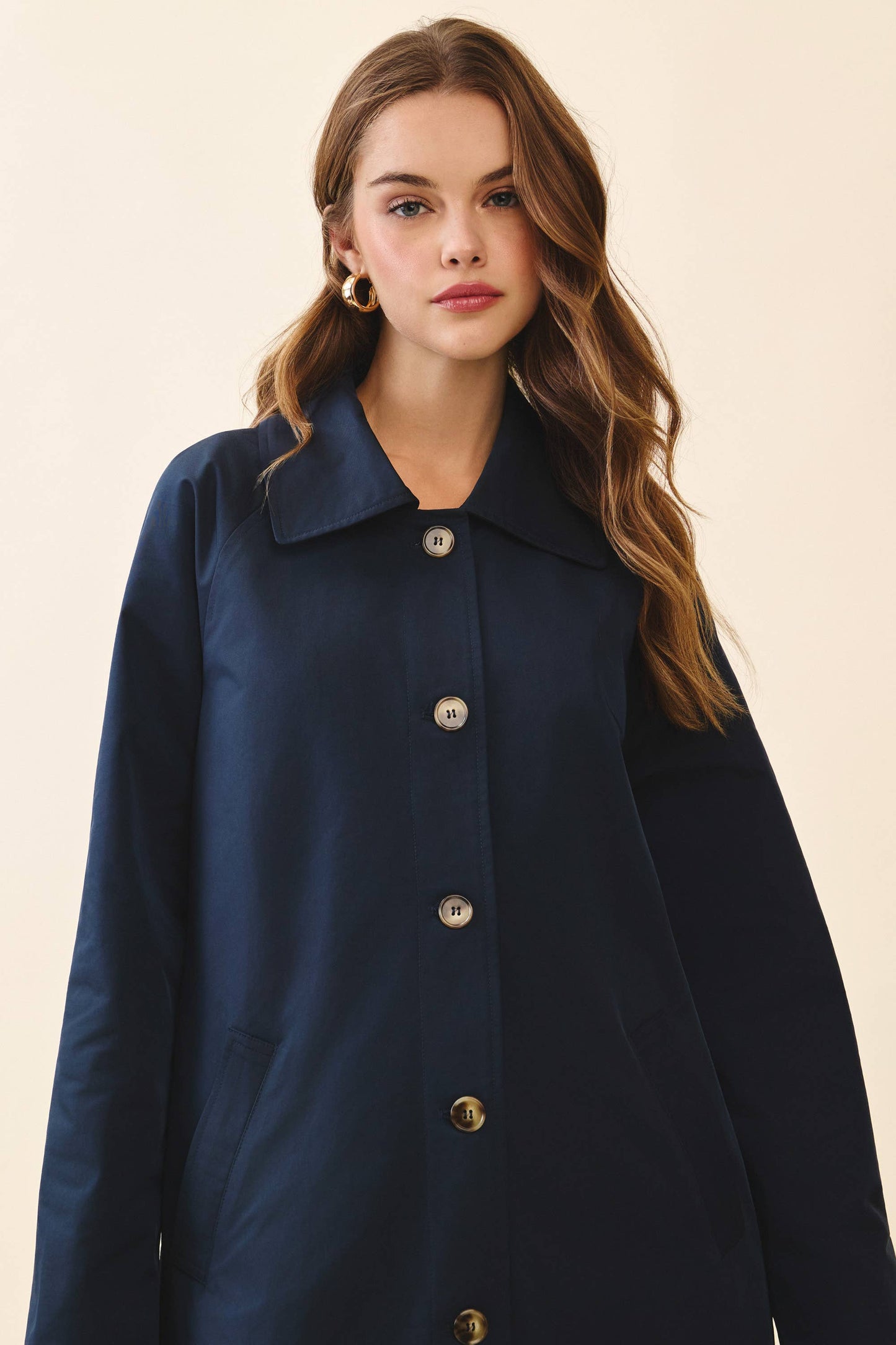 Longline Spread Collar Front Button Trench Coat: NAVY