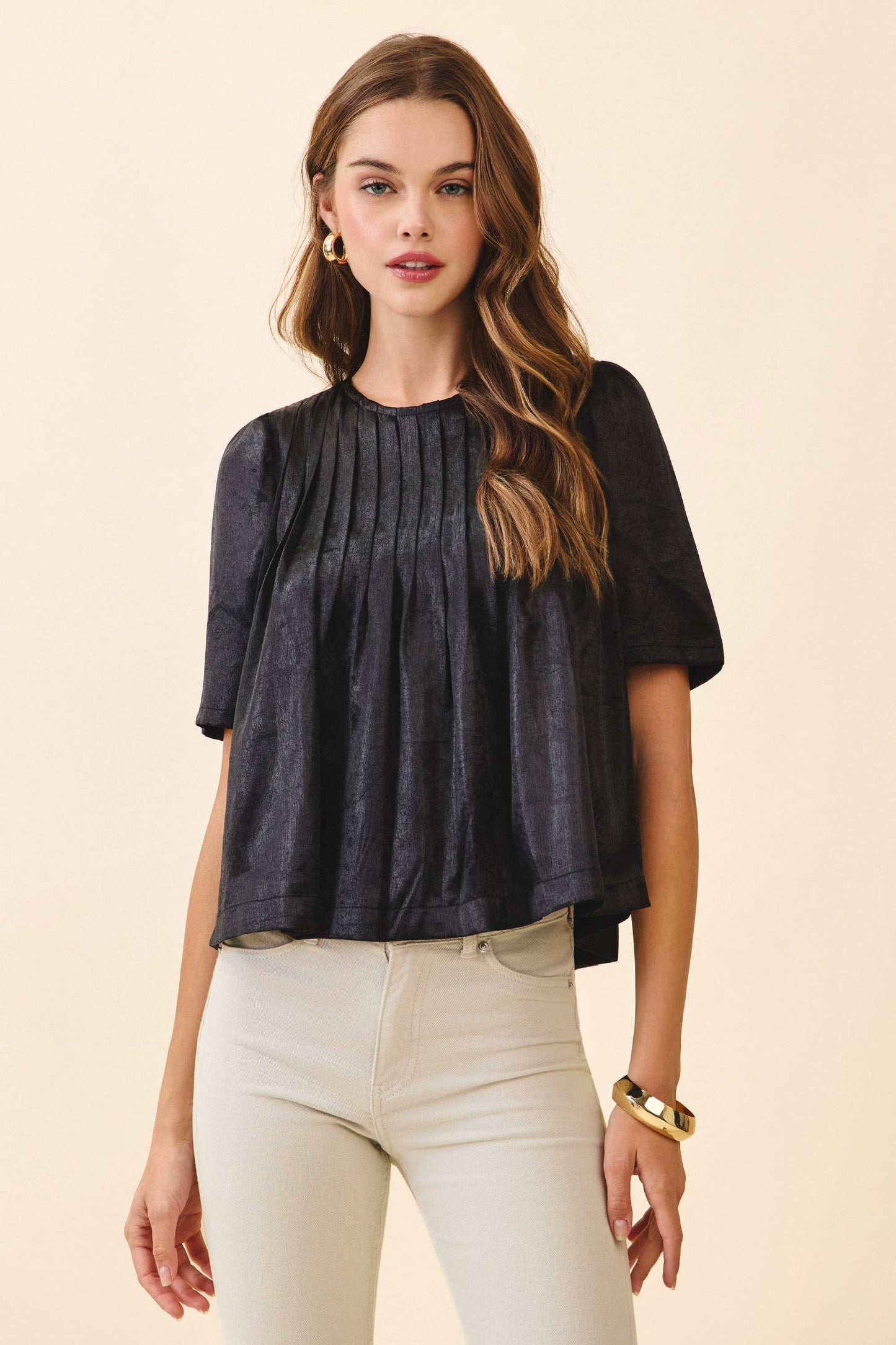 CT9659-Pleated Detail Round Neck Short Metallic Top: Black