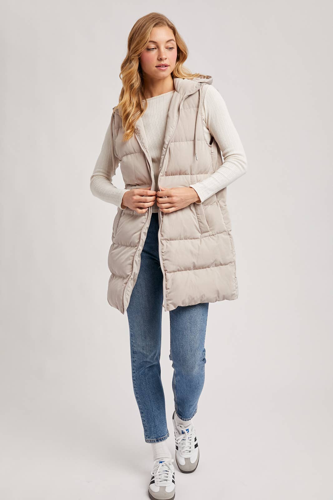 HOODED ZIPPER DOWN LONGLINE PUFFER VEST: Beige