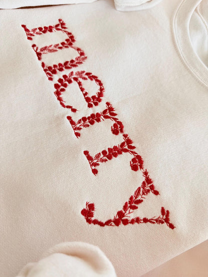 Floral Merry Christmas Embroidered Sweatshirt: Cream