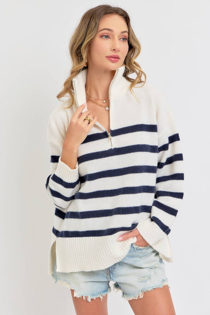 STRIPED ZIP-FRONT OVERSIZED PULLOVER KNIT SWEATER CREAM/NAVY
