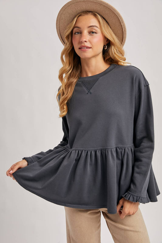 BABYDOLL PEPLUM HEM OVERISZED SWEATSHIRT: ASH