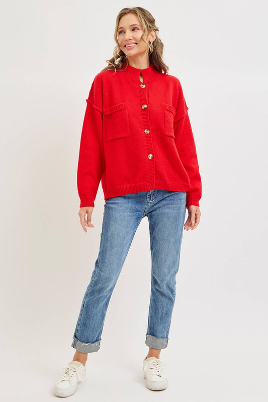 CHRISTMAS HOLIDAY  SWEATER KNIT CARDIGAN: Red