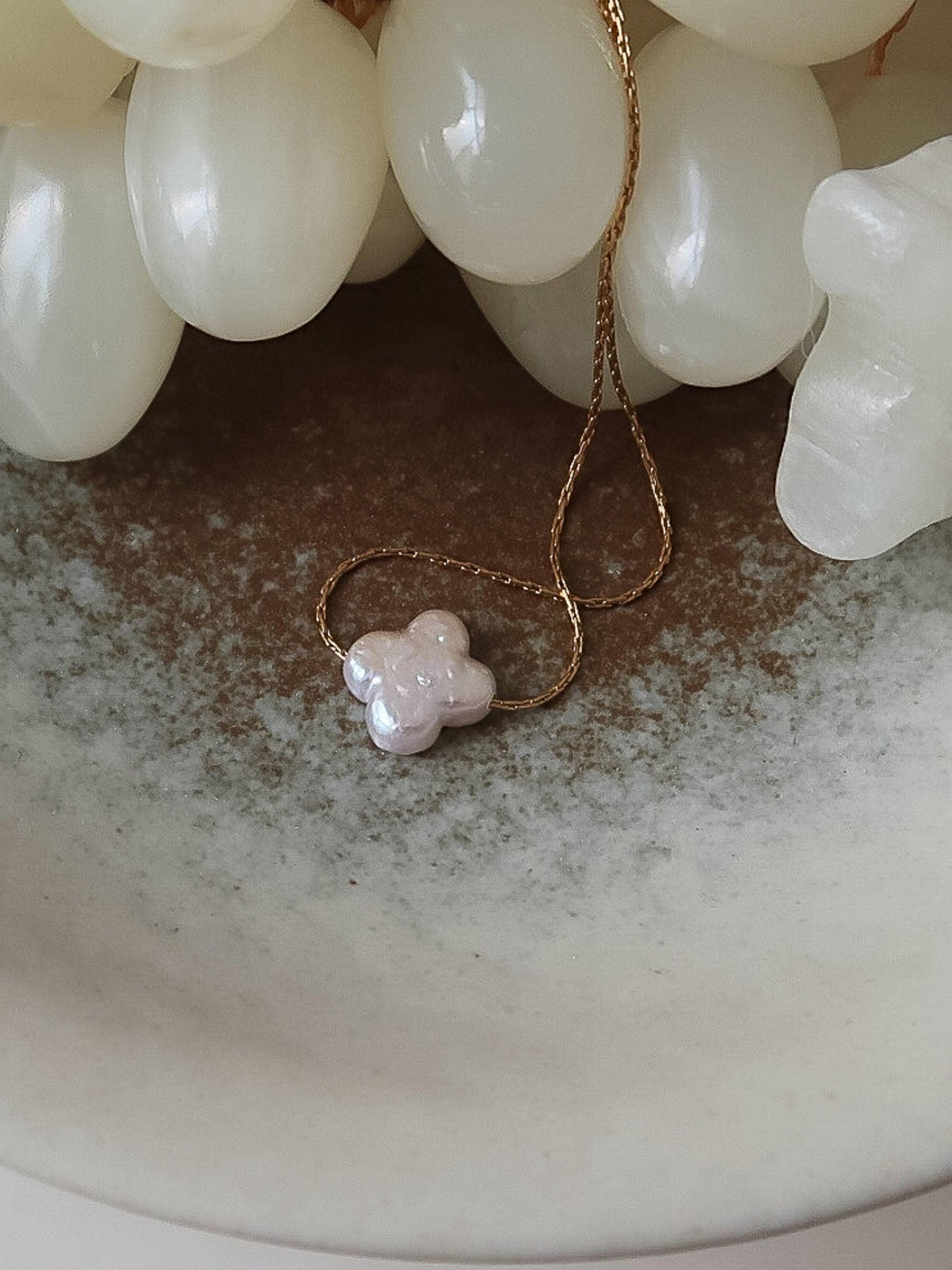 18K Gold Non-Tarnish Freshwater Pearl Clover, Heart Necklace: Yellow Gold / Clover-Cloverie