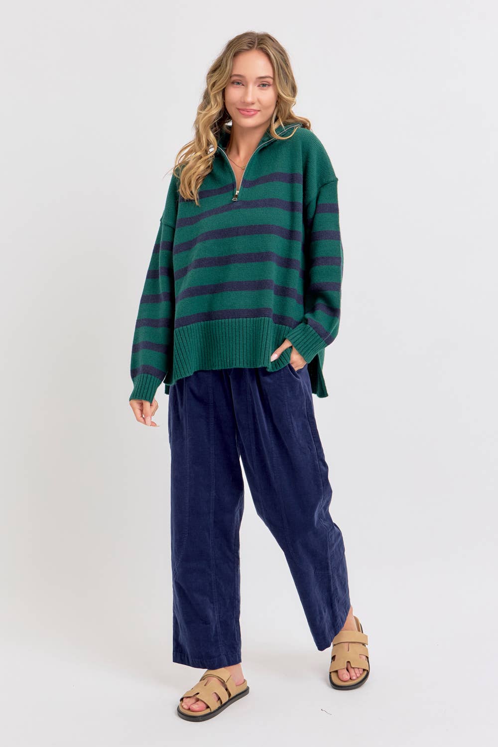 STRIPED ZIP-FRONT OVERSIZED PULLOVER KNIT SWEATER  : HUNTER/NAVY