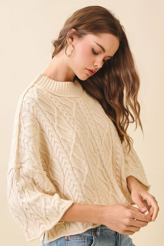 CW2578-Chunky Ribbed Mock Neck Crop Cable Knit Sweater: CREAM