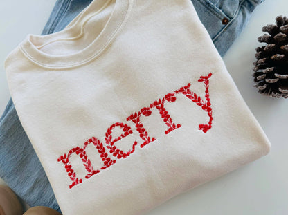 Floral Merry Christmas Embroidered Sweatshirt: Cream