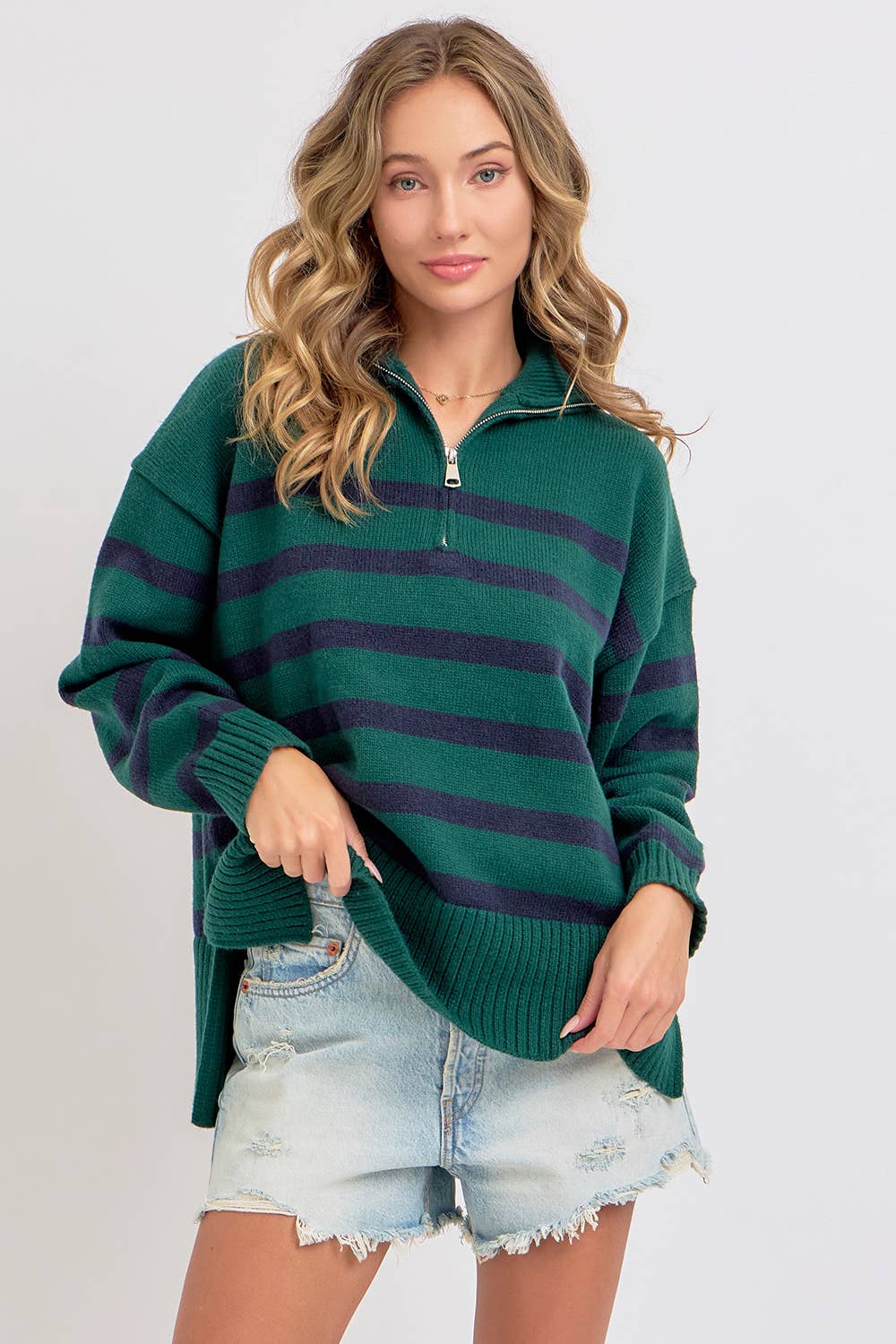 STRIPED ZIP-FRONT OVERSIZED PULLOVER KNIT SWEATER  : HUNTER/NAVY