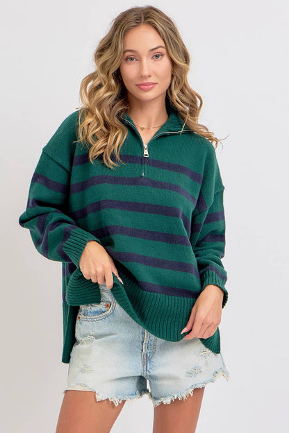 STRIPED ZIP-FRONT OVERSIZED PULLOVER KNIT SWEATER  : HUNTER/NAVY