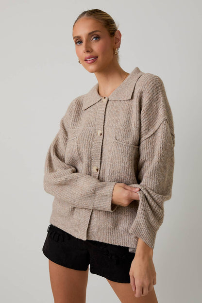 BUTTON DOWN LONG SLEEVE SWEATER JACKET: OATMEAL