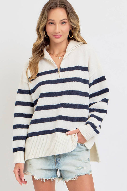 STRIPED ZIP-FRONT OVERSIZED PULLOVER KNIT SWEATER CREAM/NAVY