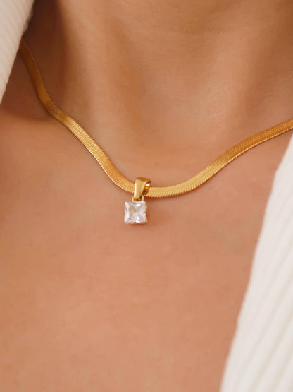 Blanc 18K Gold Non-Tarnish CZ Snake Chain Necklace: Yellow Gold / Square Pendant