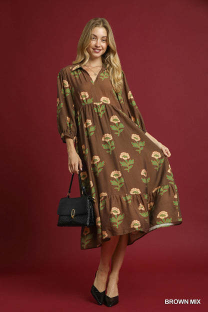 Brown Floral Print Maxi Dress