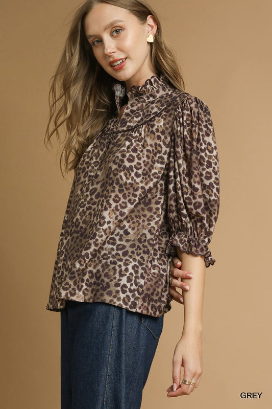 Leopard Print Ruffle Neck Blouse