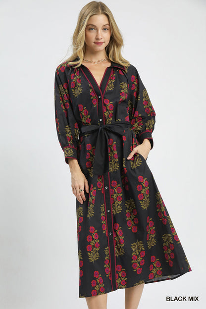Black Floral Button-Front Maxi Shirt Dress with Waist Tie