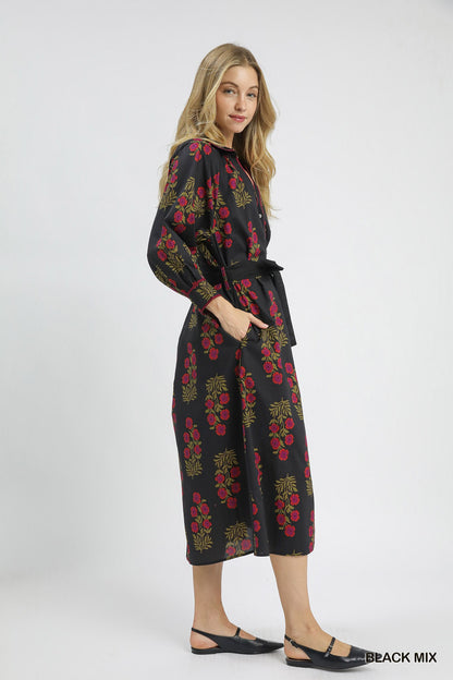 Black Floral Button-Front Maxi Shirt Dress with Waist Tie