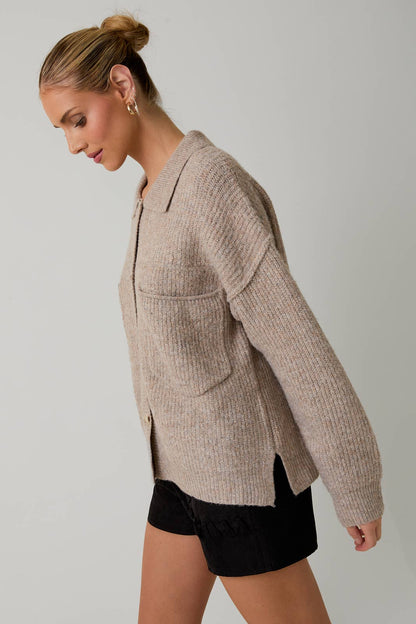 BUTTON DOWN LONG SLEEVE SWEATER JACKET: OATMEAL