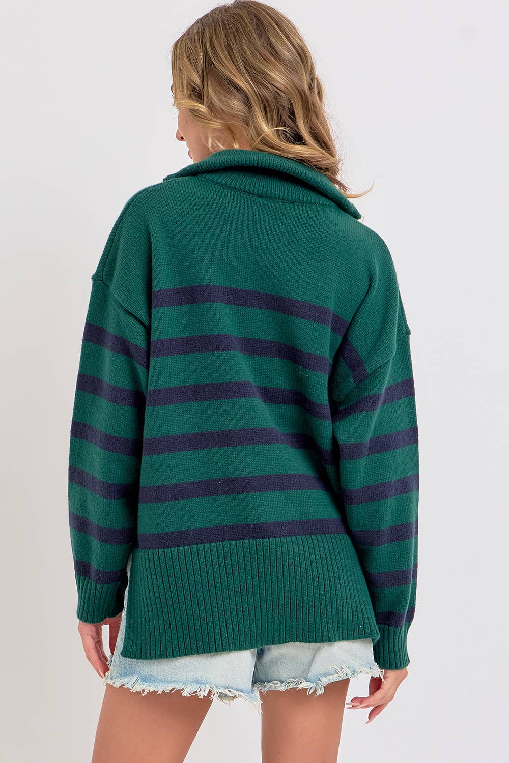 STRIPED ZIP-FRONT OVERSIZED PULLOVER KNIT SWEATER  : HUNTER/NAVY