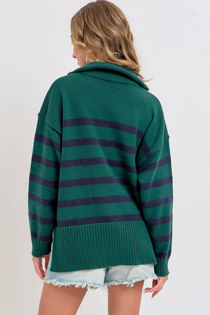 STRIPED ZIP-FRONT OVERSIZED PULLOVER KNIT SWEATER  : HUNTER/NAVY