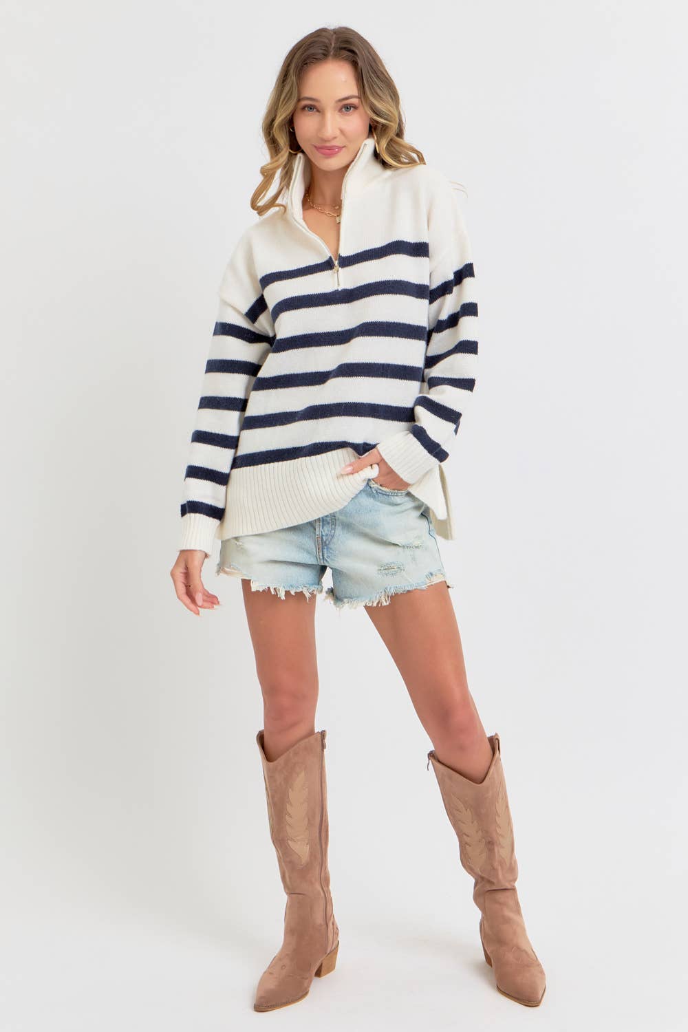 STRIPED ZIP-FRONT OVERSIZED PULLOVER KNIT SWEATER CREAM/NAVY