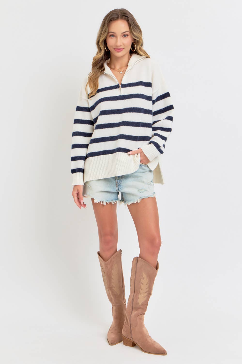 STRIPED ZIP-FRONT OVERSIZED PULLOVER KNIT SWEATER CREAM/NAVY