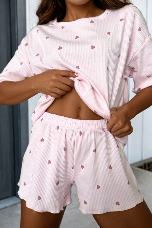 LAS Valentine Heart Ribbed Knit Short Lounge Set (S-XL): Light Pink / Missy