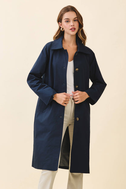 Longline Spread Collar Front Button Trench Coat: NAVY