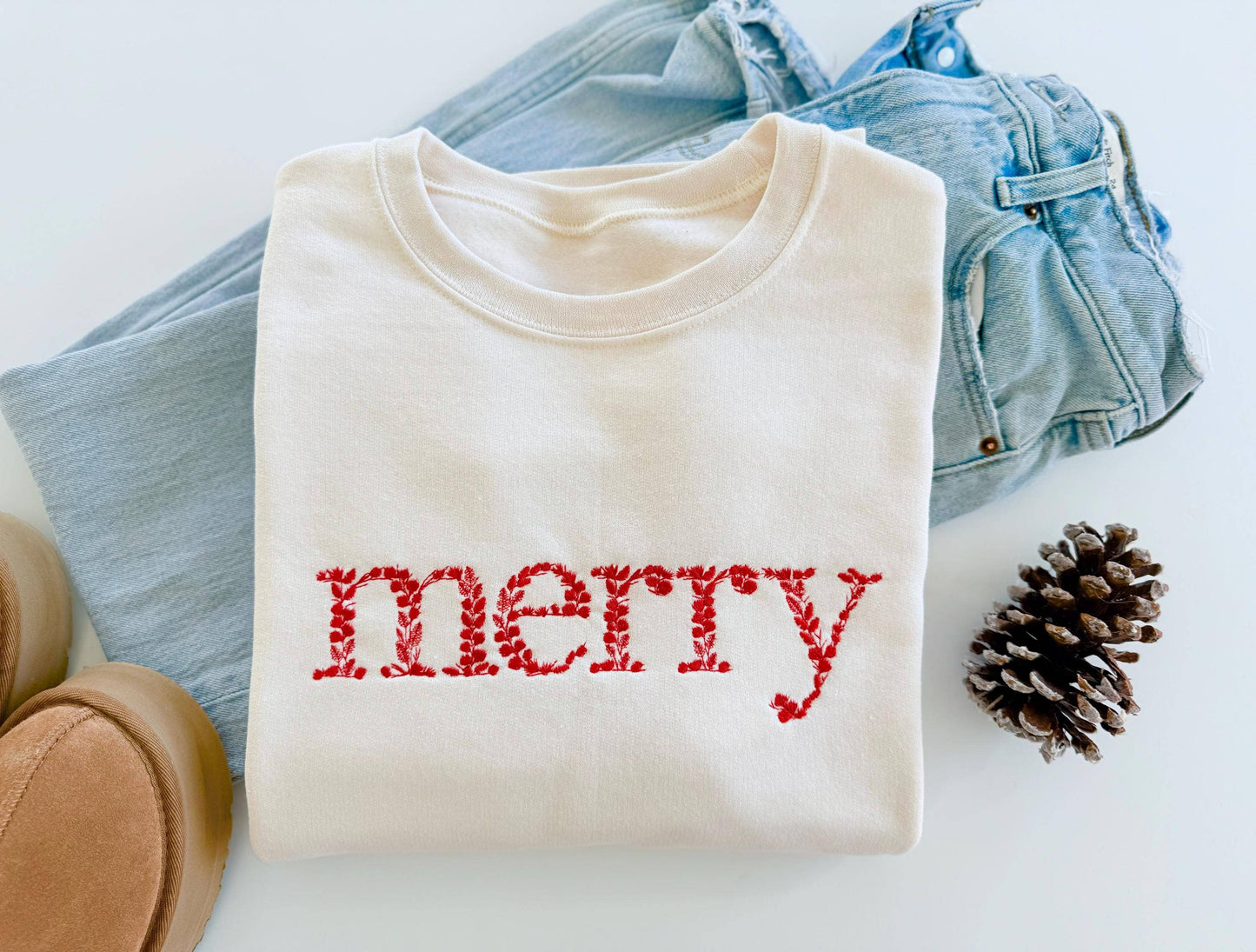 Floral Merry Christmas Embroidered Sweatshirt: Cream