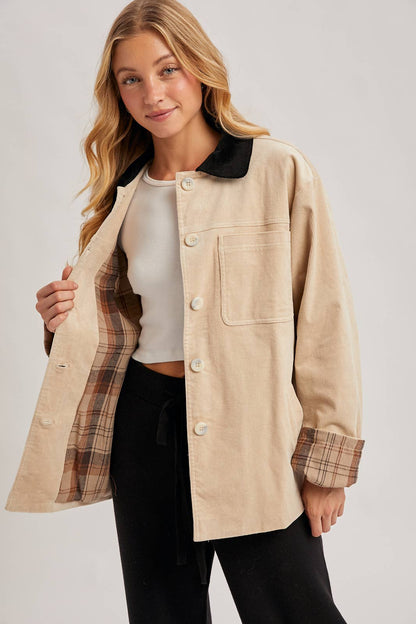CORDUROY BUTTON DOWN BARN COAT INNER PLAID: Beige