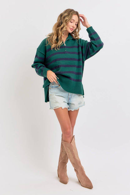 STRIPED ZIP-FRONT OVERSIZED PULLOVER KNIT SWEATER  : HUNTER/NAVY