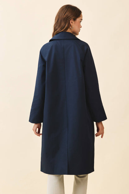 Longline Spread Collar Front Button Trench Coat: NAVY