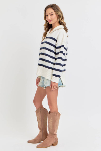 STRIPED ZIP-FRONT OVERSIZED PULLOVER KNIT SWEATER CREAM/NAVY