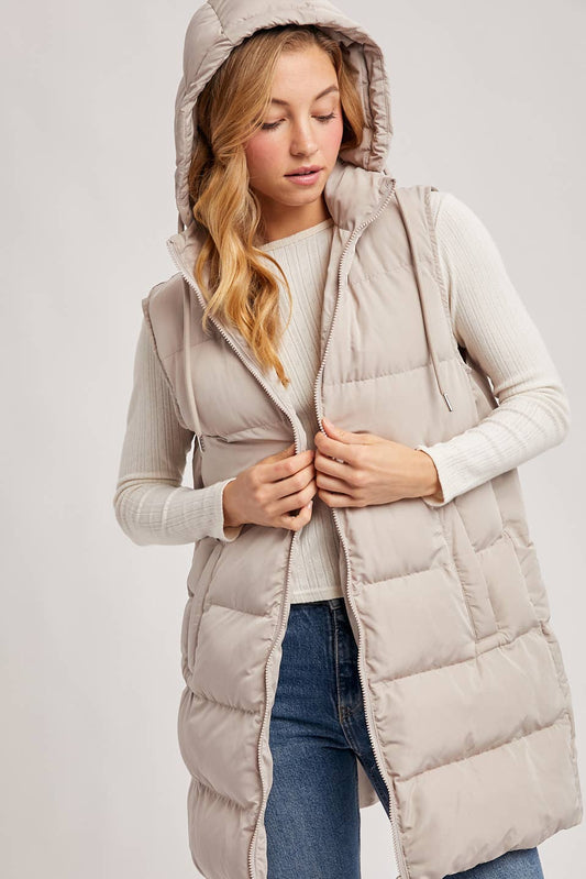 HOODED ZIPPER DOWN LONGLINE PUFFER VEST: Beige