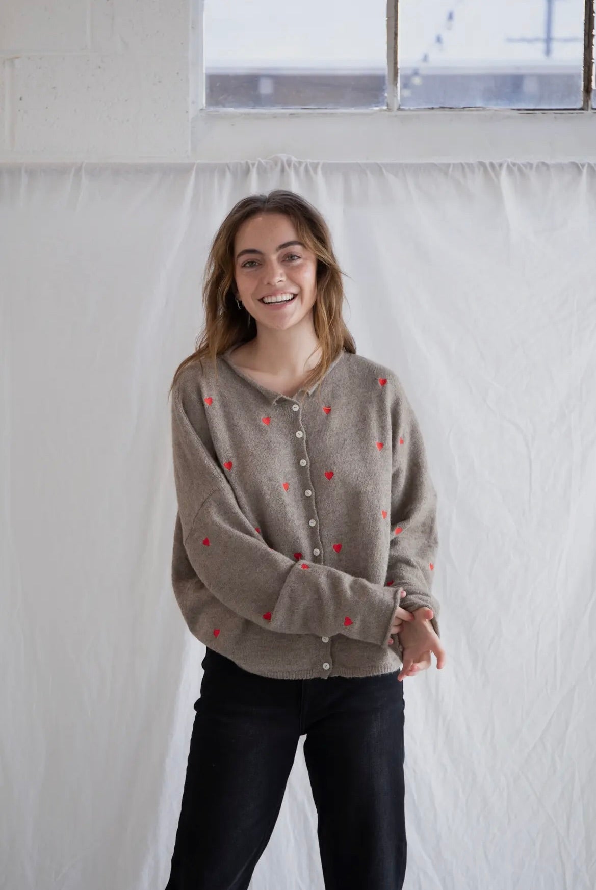 Piper Cardigan - Brown with Red Hearts