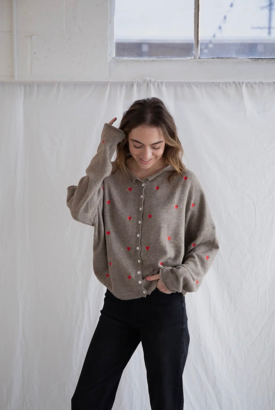 Piper Cardigan - Brown with Red Hearts