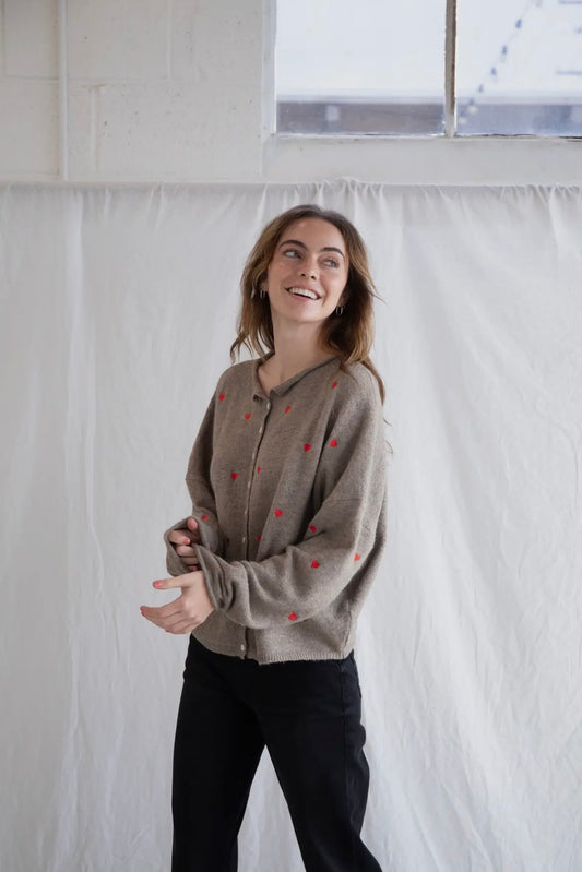 Piper Cardigan - Brown with Red Hearts