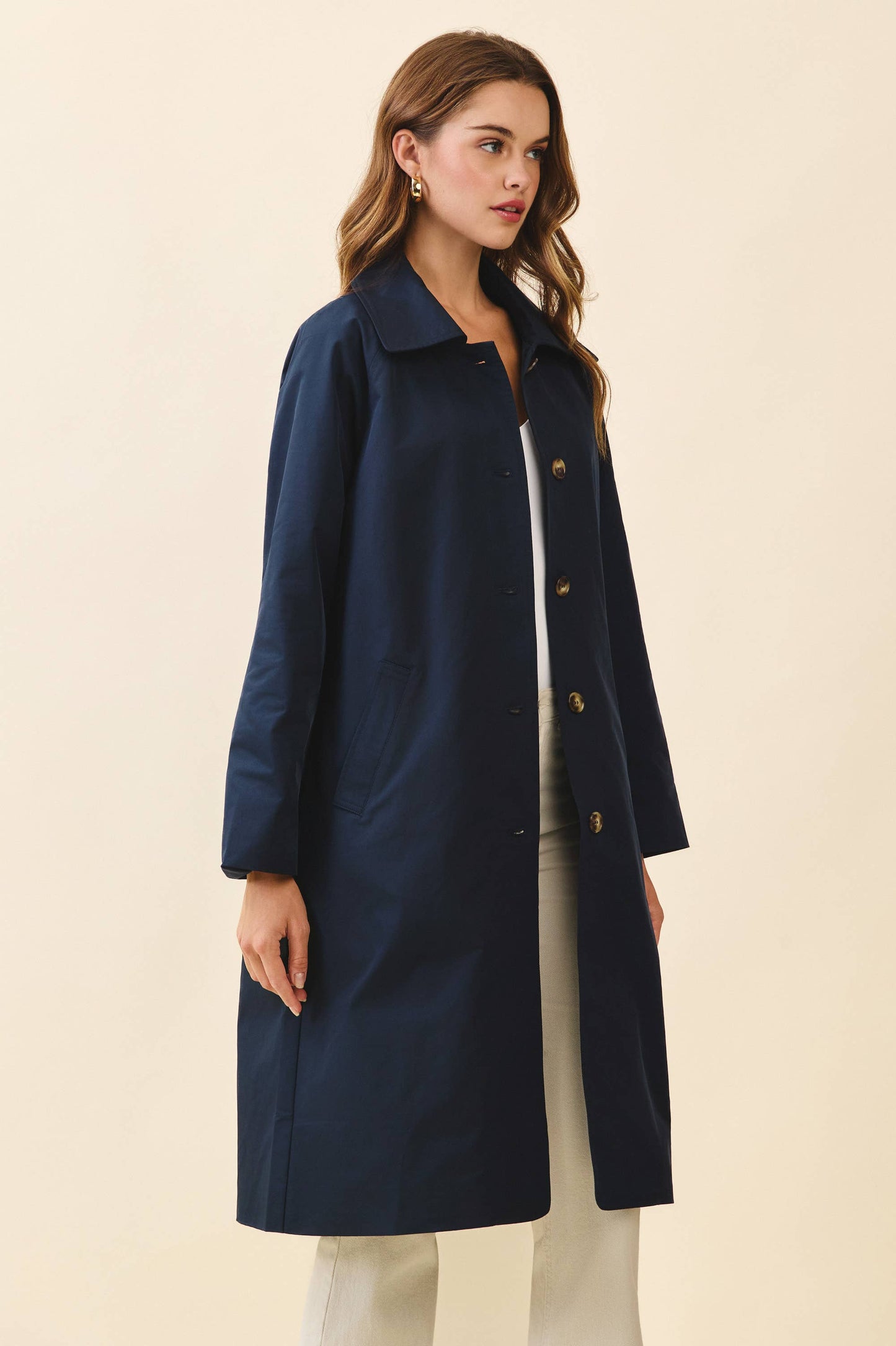 Longline Spread Collar Front Button Trench Coat: NAVY