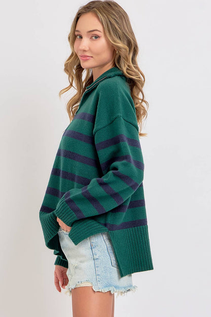 STRIPED ZIP-FRONT OVERSIZED PULLOVER KNIT SWEATER  : HUNTER/NAVY