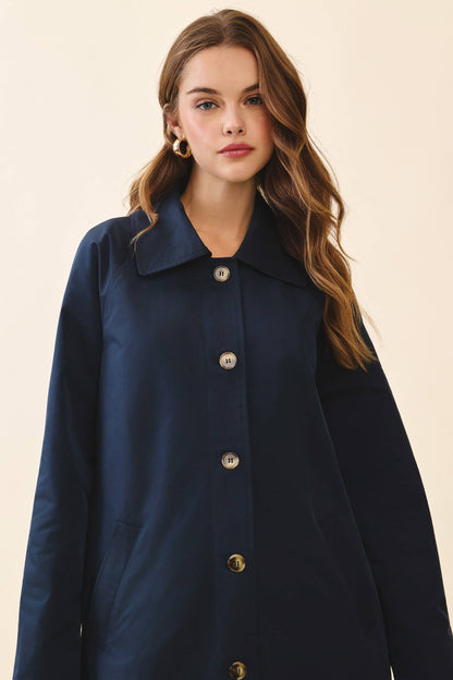 Longline Spread Collar Front Button Trench Coat: NAVY