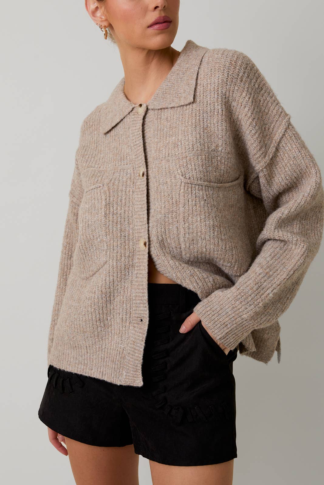 BUTTON DOWN LONG SLEEVE SWEATER JACKET: OATMEAL