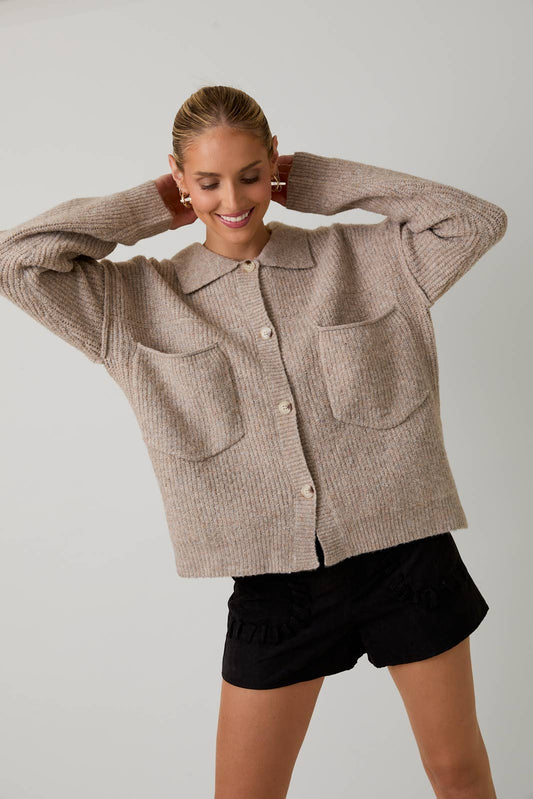 BUTTON DOWN LONG SLEEVE SWEATER JACKET: OATMEAL