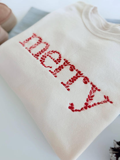 Floral Merry Christmas Embroidered Sweatshirt: Cream