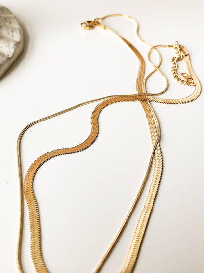 Jean 18K Gold Non-Tarnish Layered Flat Snake Chain Necklace: Yellow Gold