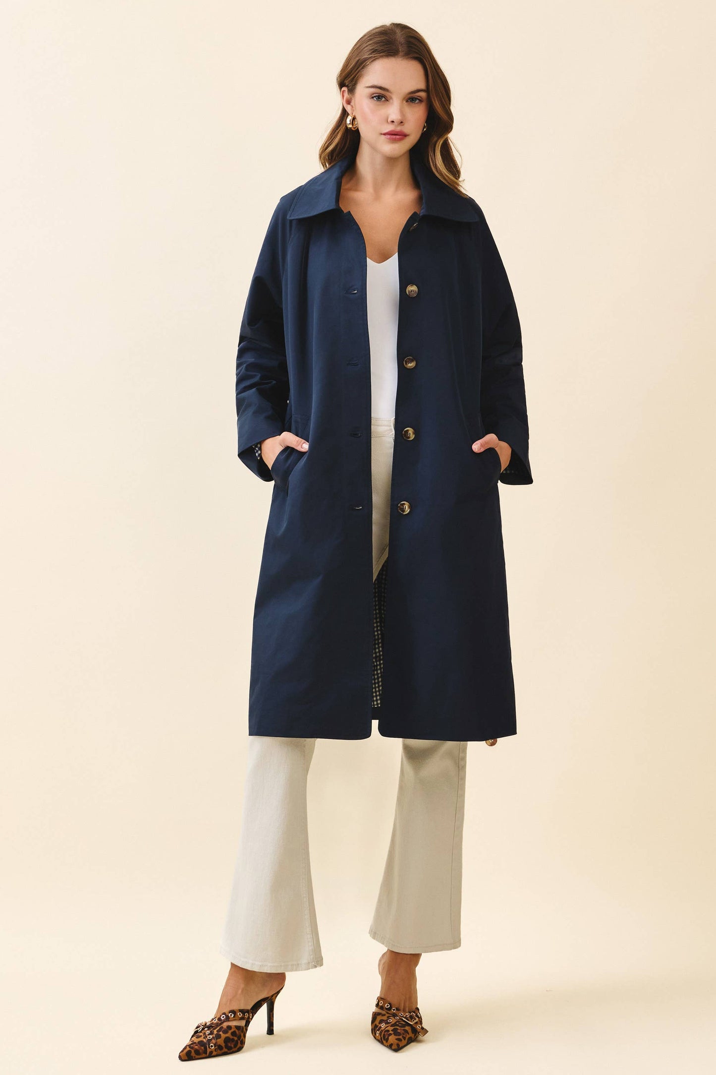 Longline Spread Collar Front Button Trench Coat: NAVY