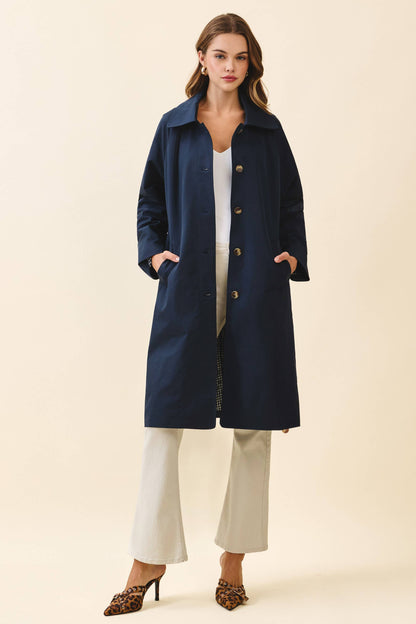 Longline Spread Collar Front Button Trench Coat: NAVY