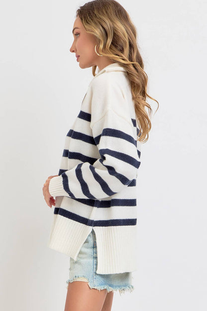 STRIPED ZIP-FRONT OVERSIZED PULLOVER KNIT SWEATER CREAM/NAVY