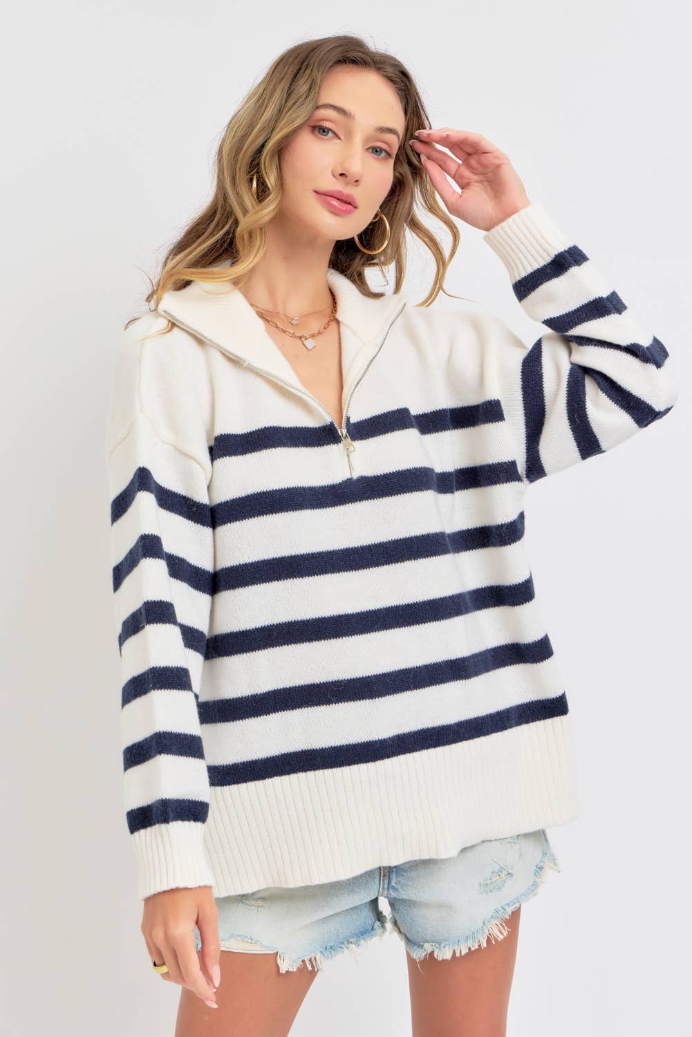 STRIPED ZIP-FRONT OVERSIZED PULLOVER KNIT SWEATER CREAM/NAVY
