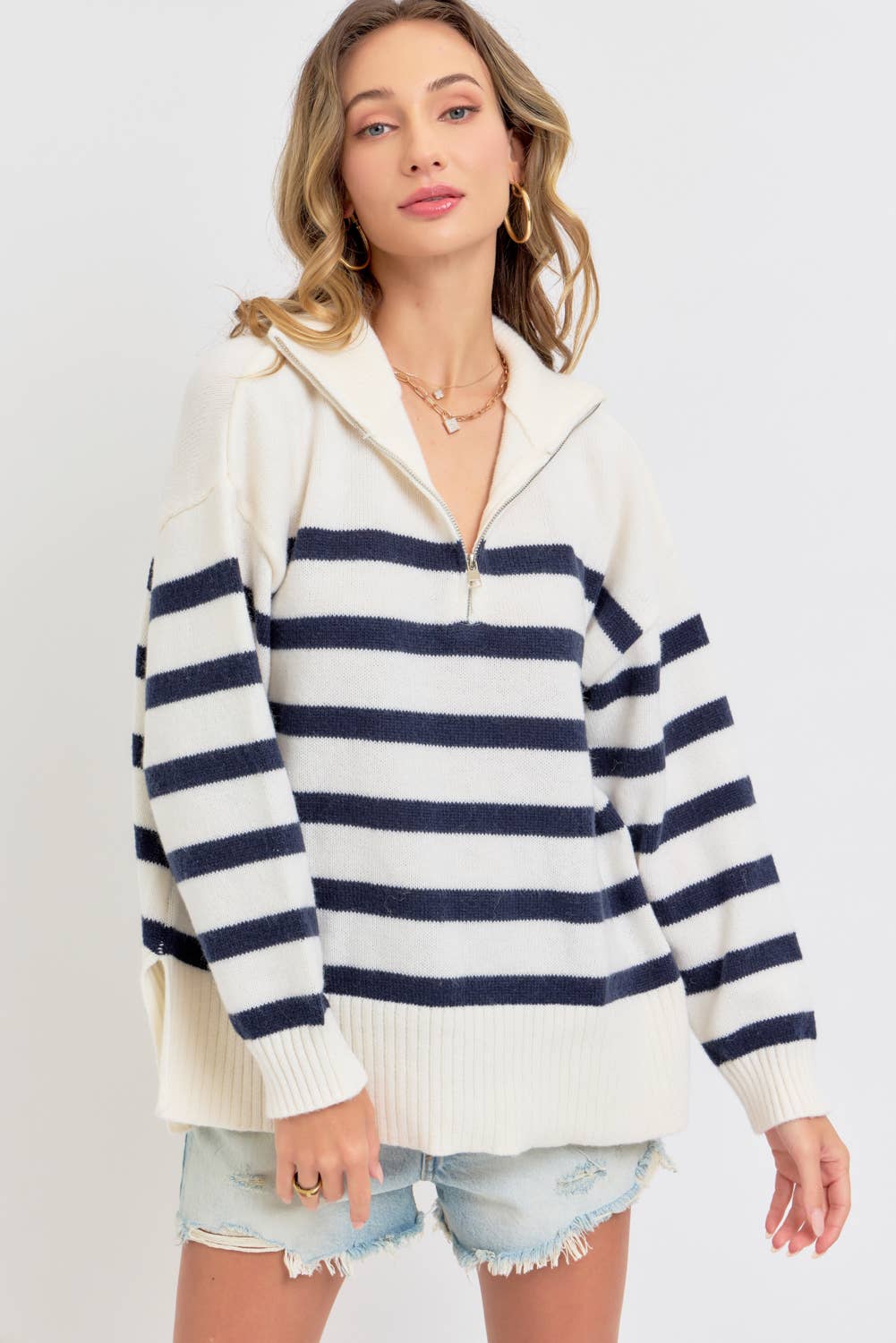 STRIPED ZIP-FRONT OVERSIZED PULLOVER KNIT SWEATER CREAM/NAVY