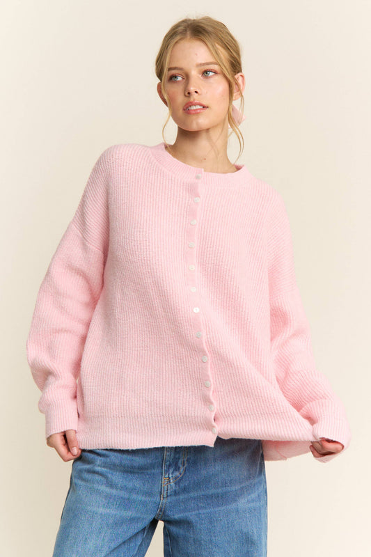 Ribbed Button-Front Cardigan: Pink